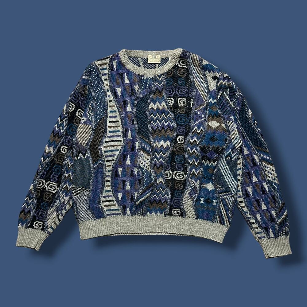 Vintage 80s Wool Sweater Abstract Knit Crewneck Pullover Made in Italy Large